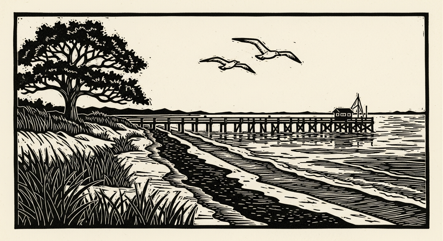 Linocut of a beach with pier and gulls.